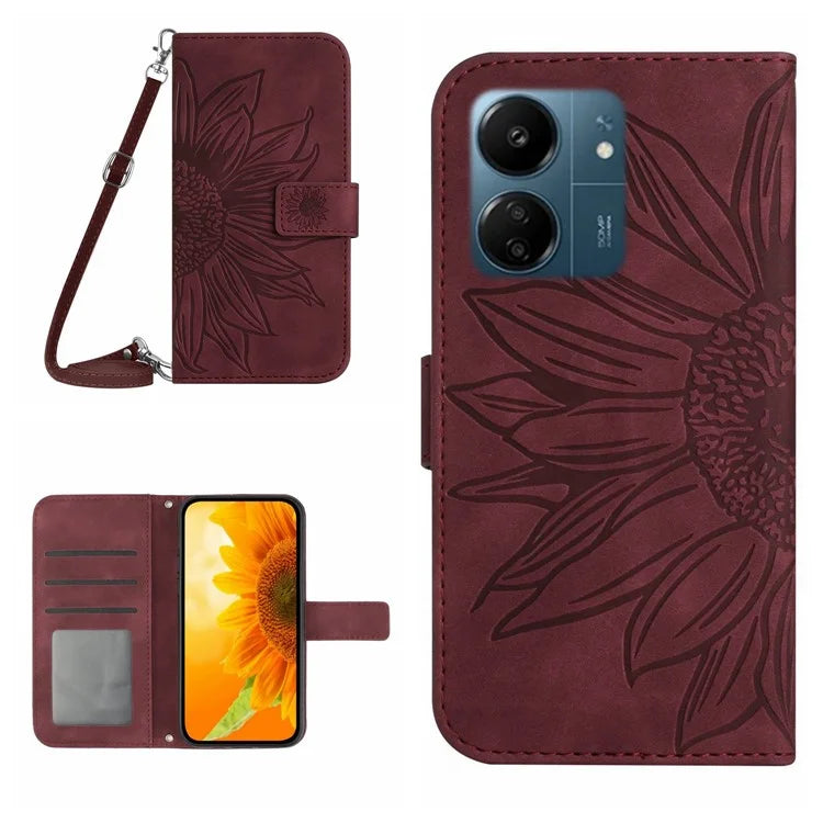 HT04 For Xiaomi Redmi 13C 4G / Poco C65 4G Case Sunflower Imprinted Leather Flip Phone Cover with Shoulder Strap