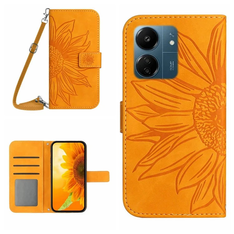 HT04 For Xiaomi Redmi 13C 4G / Poco C65 4G Case Sunflower Imprinted Leather Flip Phone Cover with Shoulder Strap