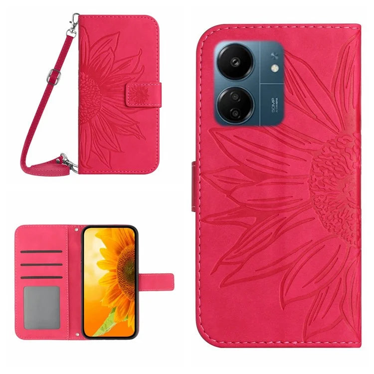 HT04 For Xiaomi Redmi 13C 4G / Poco C65 4G Case Sunflower Imprinted Leather Flip Phone Cover with Shoulder Strap