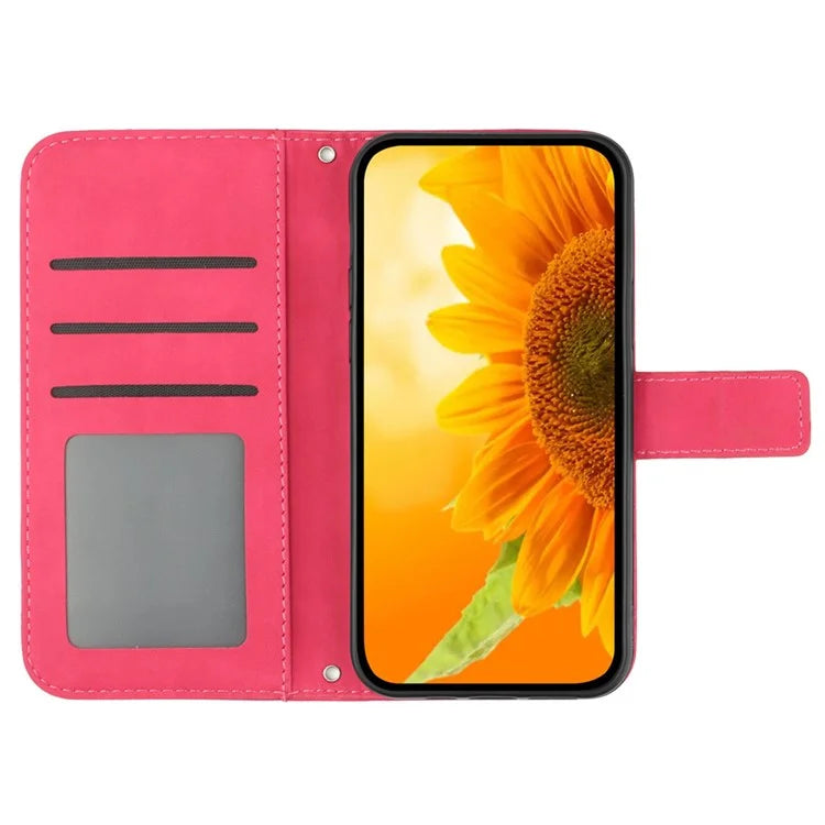 HT04 For Xiaomi Redmi 13C 4G / Poco C65 4G Case Sunflower Imprinted Leather Flip Phone Cover with Shoulder Strap