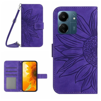 HT04 For Xiaomi Redmi 13C 4G / Poco C65 4G Case Sunflower Imprinted Leather Flip Phone Cover with Shoulder Strap