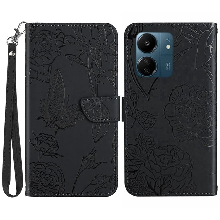 HT03 For Xiaomi Redmi 13C 4G / Poco C65 4G Case Butterfly Flower Leather Magnetic Flip Cover with Hand Strap