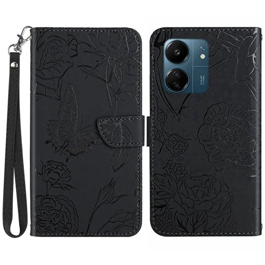 HT03 For Xiaomi Redmi 13C 4G / Poco C65 4G Case Butterfly Flower Leather Magnetic Flip Cover with Hand Strap