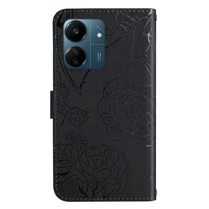 HT03 For Xiaomi Redmi 13C 4G / Poco C65 4G Case Butterfly Flower Leather Magnetic Flip Cover with Hand Strap