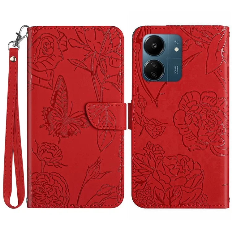 HT03 For Xiaomi Redmi 13C 4G / Poco C65 4G Case Butterfly Flower Leather Magnetic Flip Cover with Hand Strap