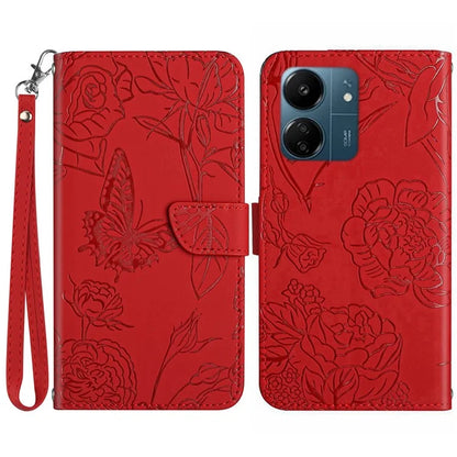 HT03 For Xiaomi Redmi 13C 4G / Poco C65 4G Case Butterfly Flower Leather Magnetic Flip Cover with Hand Strap