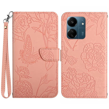 HT03 For Xiaomi Redmi 13C 4G / Poco C65 4G Case Butterfly Flower Leather Magnetic Flip Cover with Hand Strap