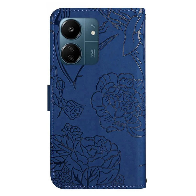 HT03 For Xiaomi Redmi 13C 4G / Poco C65 4G Case Butterfly Flower Leather Magnetic Flip Cover with Hand Strap