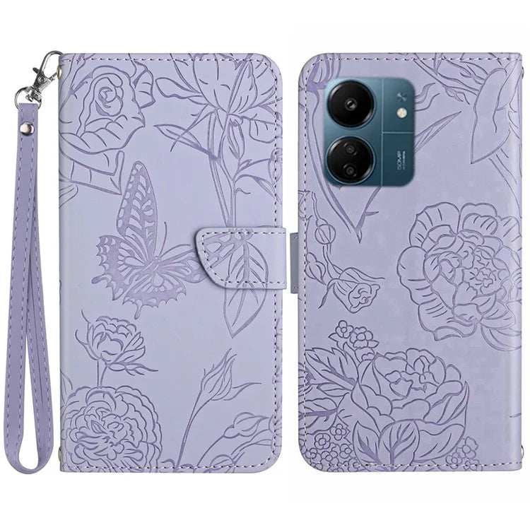 HT03 For Xiaomi Redmi 13C 4G / Poco C65 4G Case Butterfly Flower Leather Magnetic Flip Cover with Hand Strap