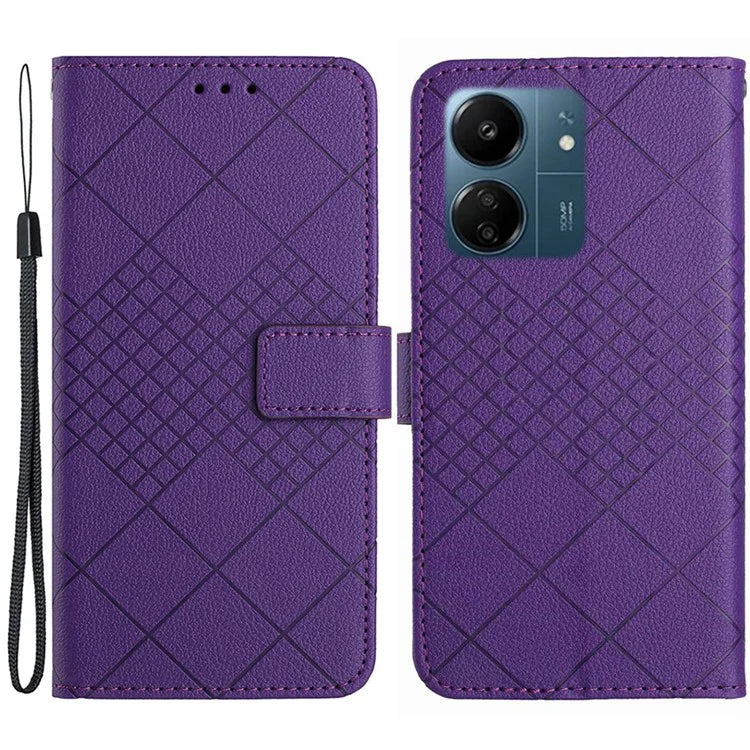 HT06 For Xiaomi Redmi 13C 4G / Poco C65 4G Case PU Leather Scratch-resistant Rhombus Pattern Stand Phone Protector