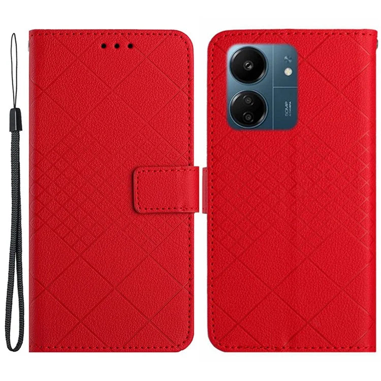 HT06 For Xiaomi Redmi 13C 4G / Poco C65 4G Case PU Leather Scratch-resistant Rhombus Pattern Stand Phone Protector