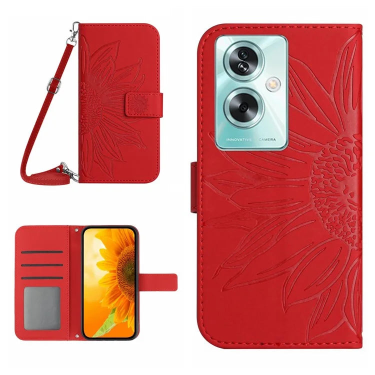 HT04 For Oppo A79 5G / A2 5G Case PU Leather Sunflower Wallet Phone Cover with Shoulder Strap