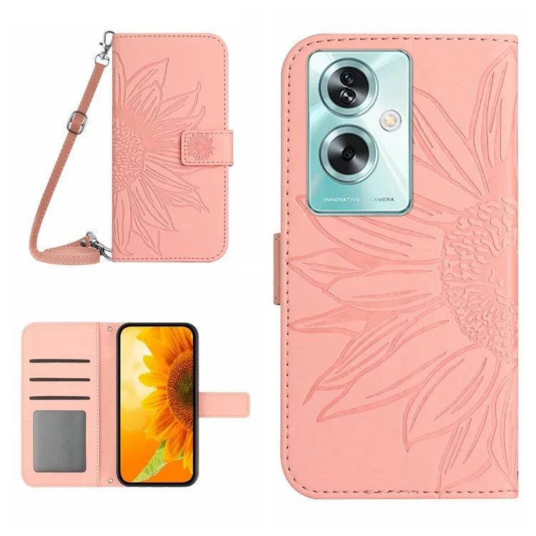 HT04 For Oppo A79 5G / A2 5G Case PU Leather Sunflower Wallet Phone Cover with Shoulder Strap