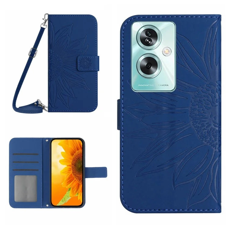HT04 For Oppo A79 5G / A2 5G Case PU Leather Sunflower Wallet Phone Cover with Shoulder Strap