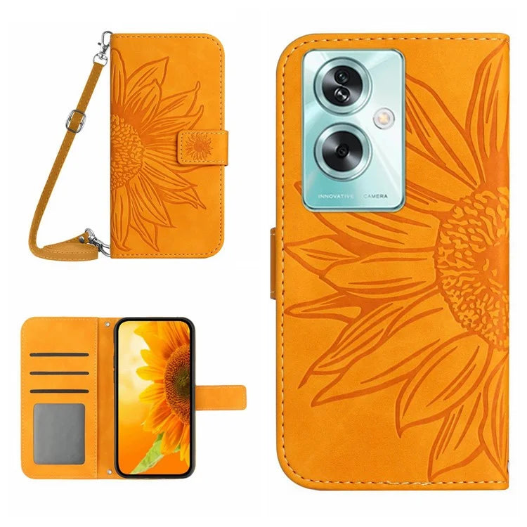 HT04 For Oppo A79 5G / A2 5G Case PU Leather Sunflower Wallet Phone Cover with Shoulder Strap