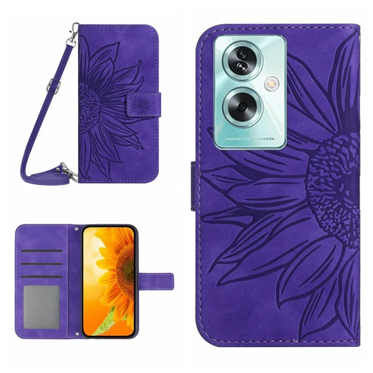 HT04 For Oppo A79 5G / A2 5G Case PU Leather Sunflower Wallet Phone Cover with Shoulder Strap