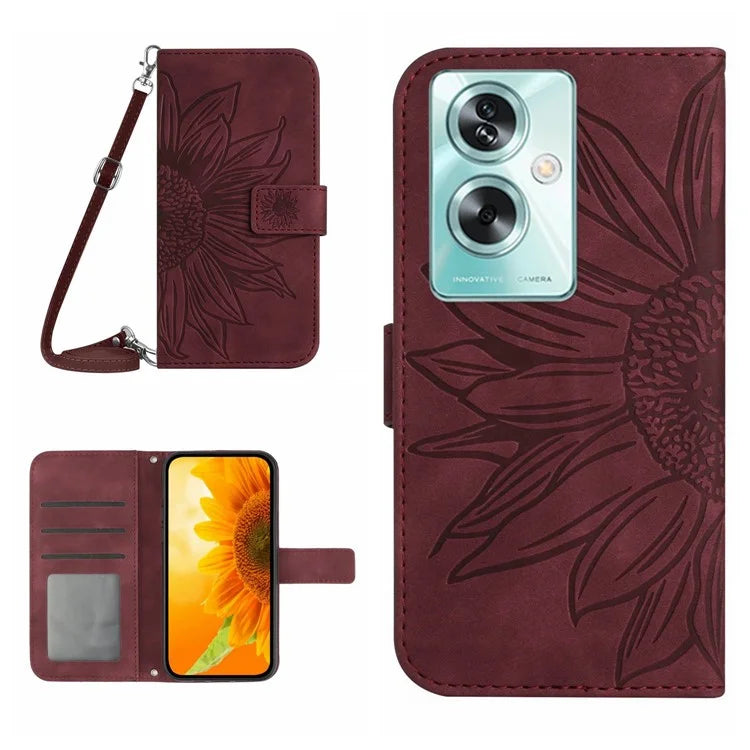 HT04 For Oppo A79 5G / A2 5G Case PU Leather Sunflower Wallet Phone Cover with Shoulder Strap