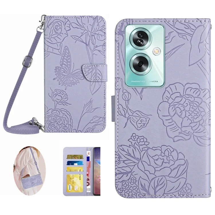 HT03 For Oppo A79 5G / A2 5G Case PU Leather Butterfly Imprinted Phone Cover with Shoulder Strap
