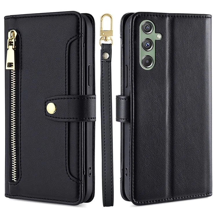 For Samsung Galaxy M34 5G / F34 5G Case Zipper Wallet Leather Anti-drop Phone Cover with 2 Straps