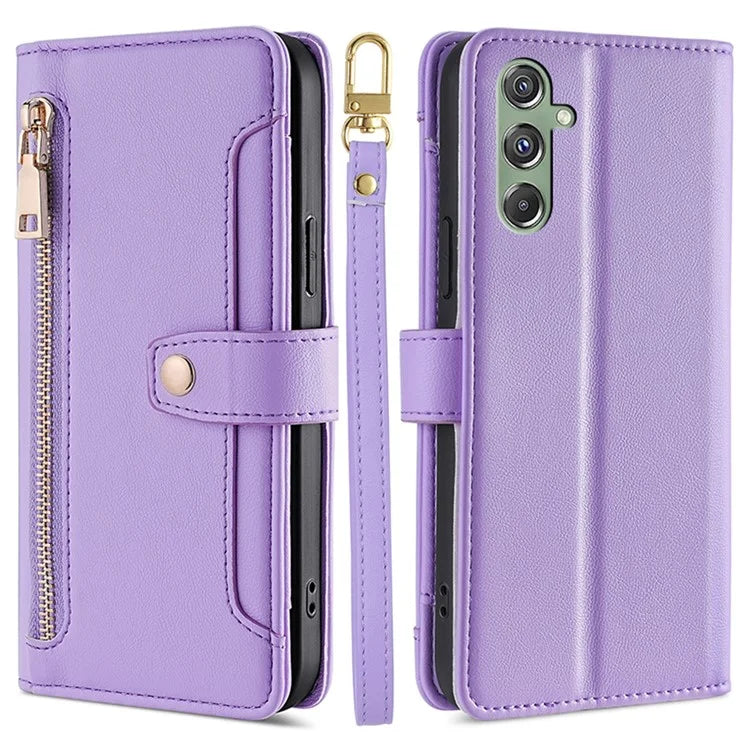 For Samsung Galaxy M34 5G / F34 5G Case Zipper Wallet Leather Anti-drop Phone Cover with 2 Straps