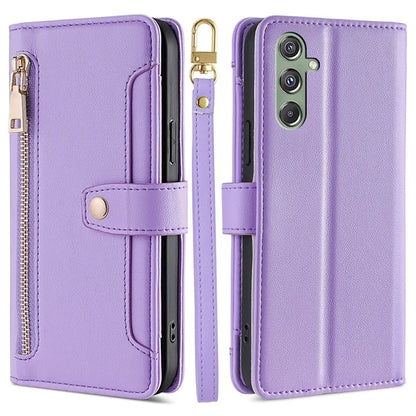 For Samsung Galaxy M34 5G / F34 5G Case Zipper Wallet Leather Anti-drop Phone Cover with 2 Straps