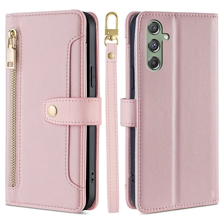 For Samsung Galaxy M34 5G / F34 5G Case Zipper Wallet Leather Anti-drop Phone Cover with 2 Straps