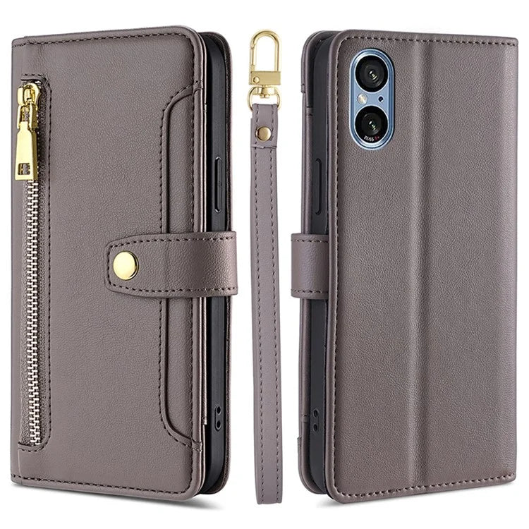 For Sony Xperia 5 V Case Wallet Stand Textured Leather Phone Cover with 2 Straps