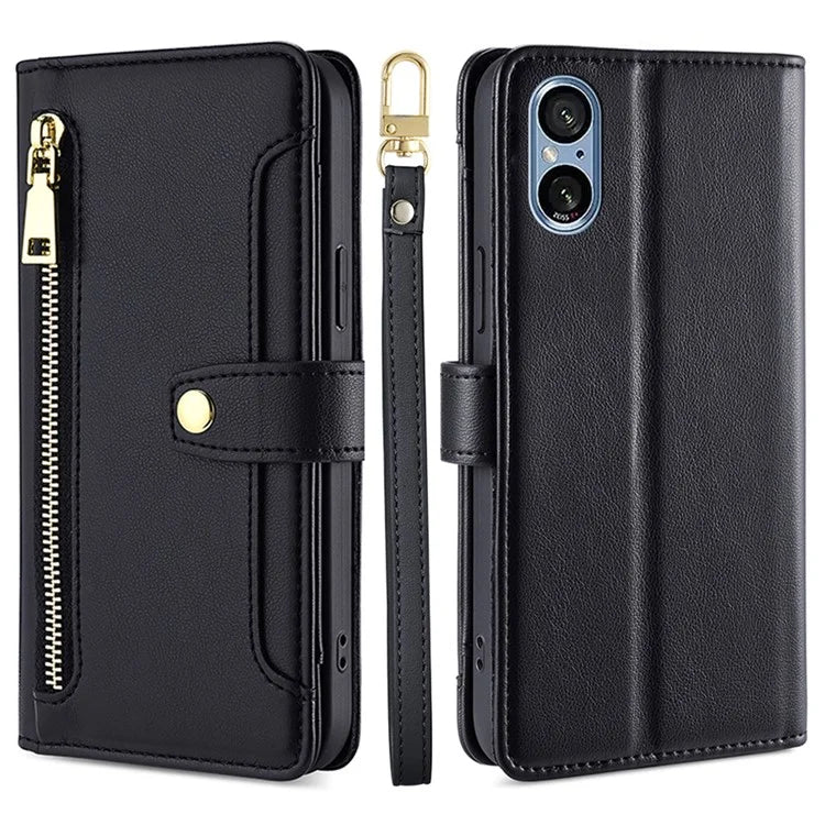 For Sony Xperia 5 V Case Wallet Stand Textured Leather Phone Cover with 2 Straps