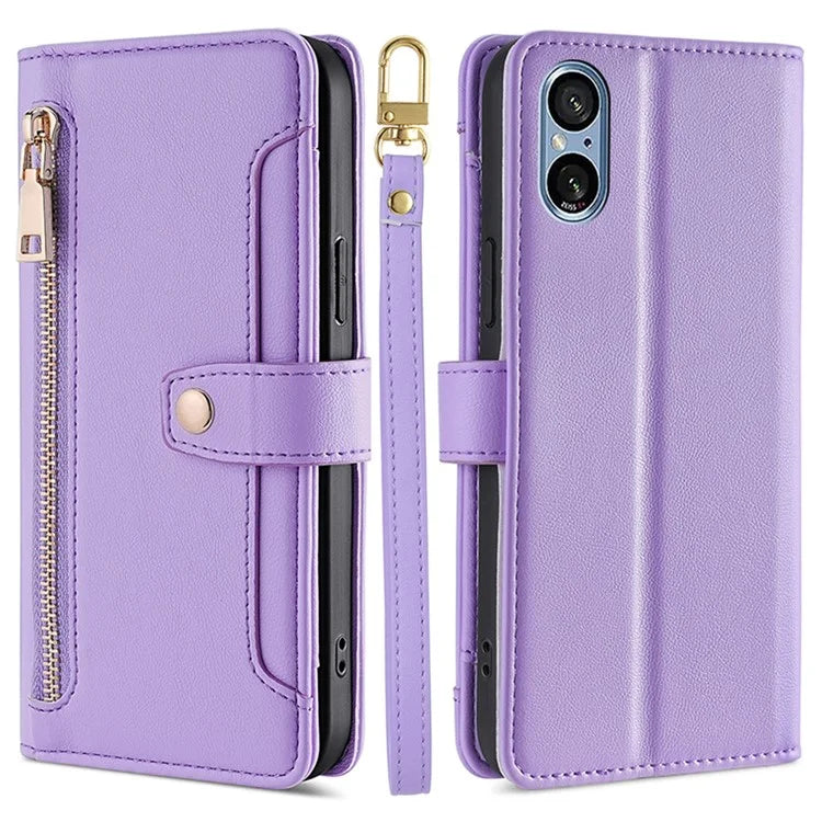 For Sony Xperia 5 V Case Wallet Stand Textured Leather Phone Cover with 2 Straps