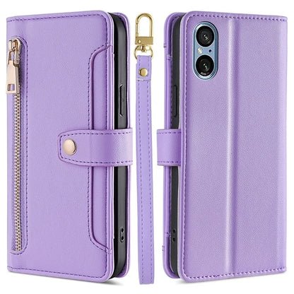 For Sony Xperia 5 V Case Wallet Stand Textured Leather Phone Cover with 2 Straps
