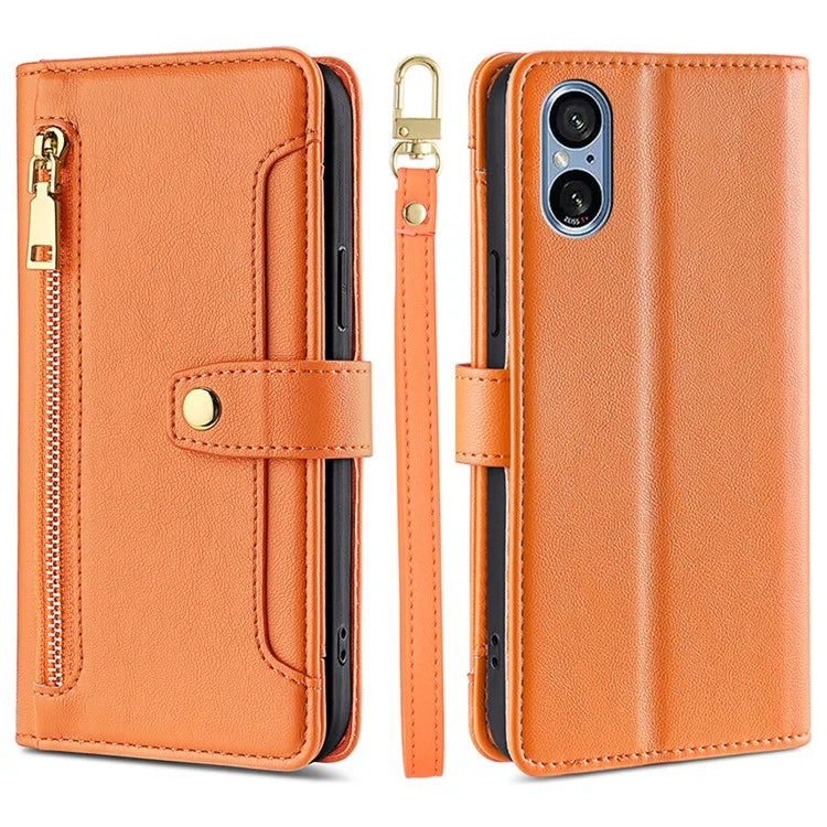 For Sony Xperia 5 V Case Wallet Stand Textured Leather Phone Cover with 2 Straps