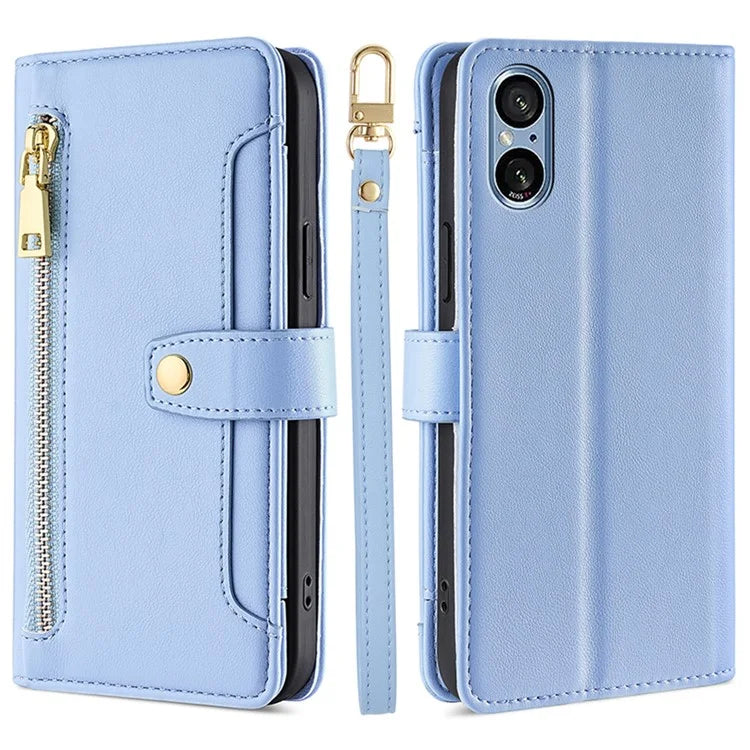 For Sony Xperia 5 V Case Wallet Stand Textured Leather Phone Cover with 2 Straps