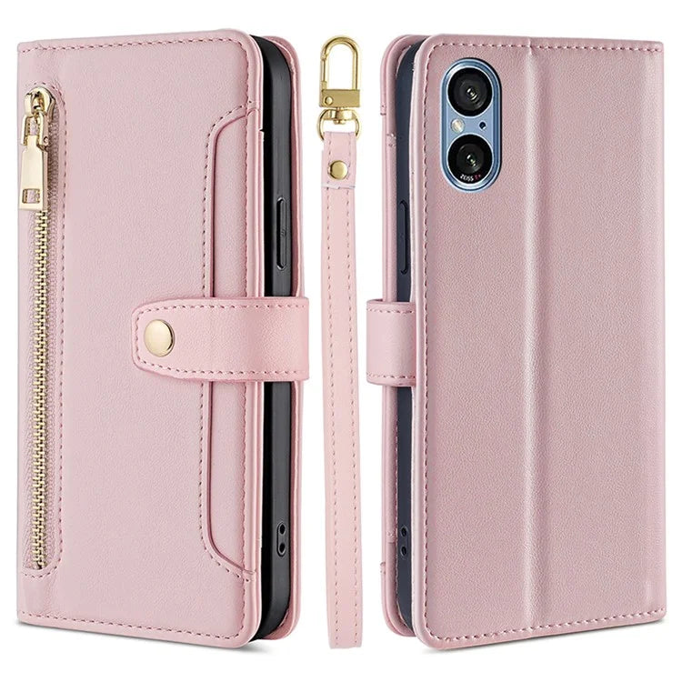 For Sony Xperia 5 V Case Wallet Stand Textured Leather Phone Cover with 2 Straps