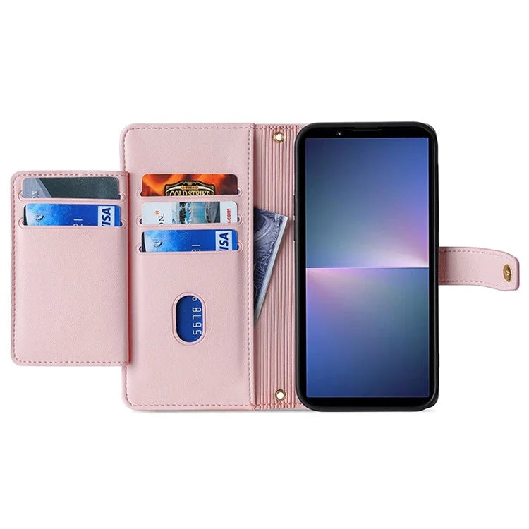 For Sony Xperia 5 V Case Wallet Stand Textured Leather Phone Cover with 2 Straps