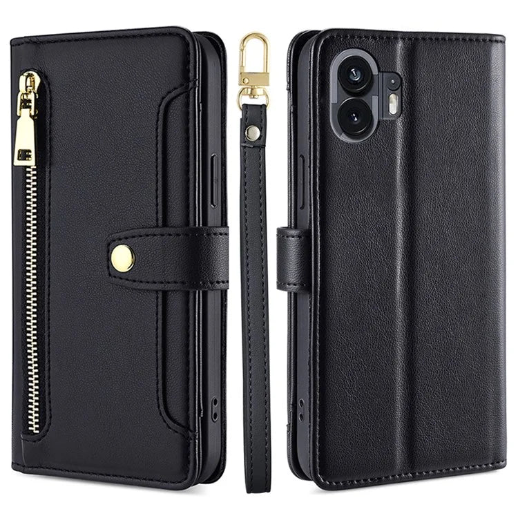 For Nothing Phone (2) Case Zipper Pocket Leather Wallet Phone Cover with 2 Straps