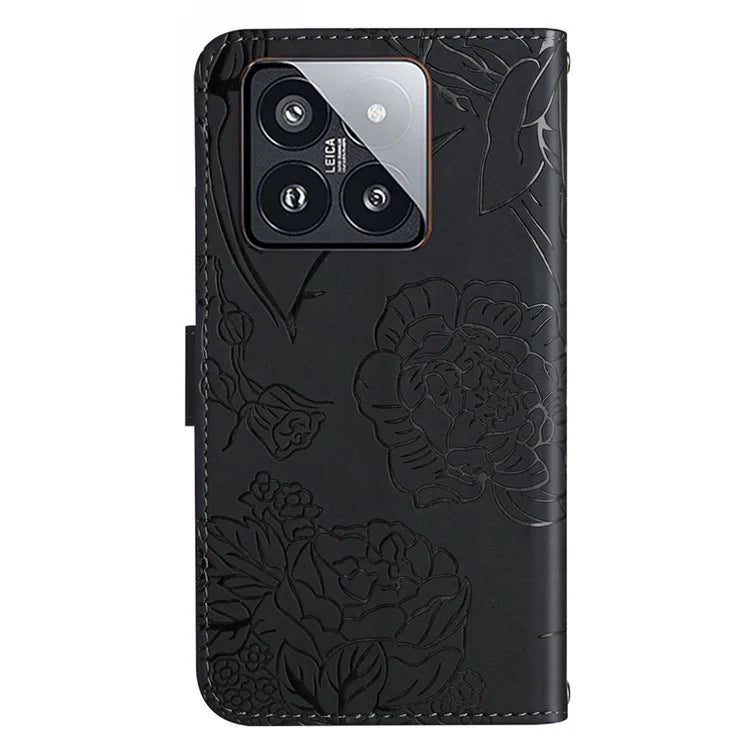 HT03 For Xiaomi 14 Pro Case Stand Wallet Imprinted Phone Cover with Shoulder Strap