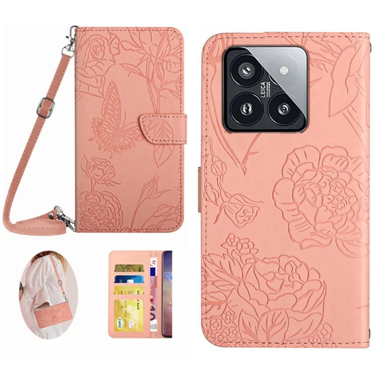 HT03 For Xiaomi 14 Pro Case Stand Wallet Imprinted Phone Cover with Shoulder Strap