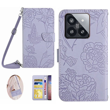 HT03 For Xiaomi 14 Pro Case Stand Wallet Imprinted Phone Cover with Shoulder Strap