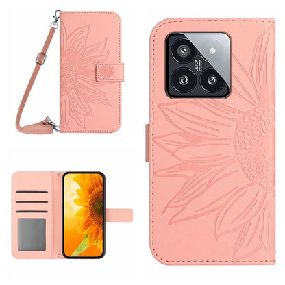 HT04 For Xiaomi 14 Pro Case Skin-touch Wallet Stand Leather Cover with Shoulder Strap