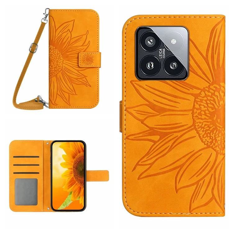 HT04 For Xiaomi 14 Pro Case Skin-touch Wallet Stand Leather Cover with Shoulder Strap