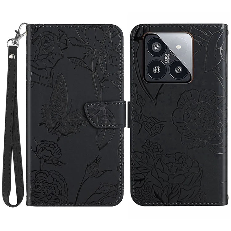 HT03 For Xiaomi 14 Case Imprinted Flower Leather Wallet Cover with Hand Strap