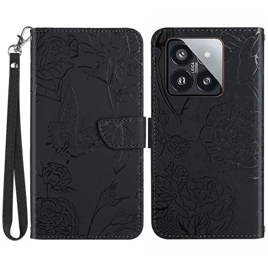 HT03 For Xiaomi 14 Case Imprinted Flower Leather Wallet Cover with Hand Strap