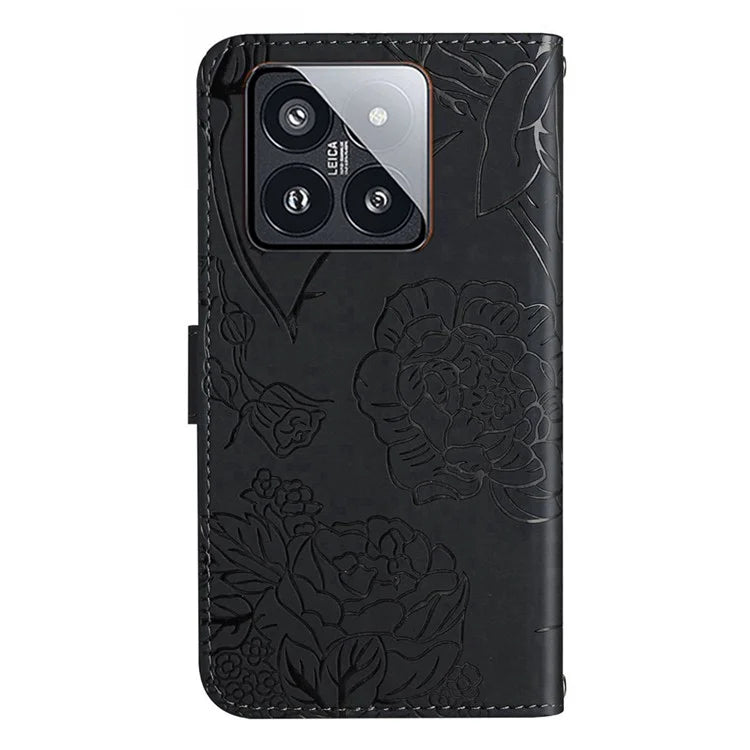 HT03 For Xiaomi 14 Case Imprinted Flower Leather Wallet Cover with Hand Strap
