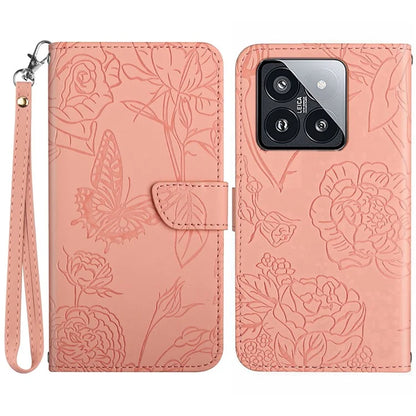 HT03 For Xiaomi 14 Case Imprinted Flower Leather Wallet Cover with Hand Strap