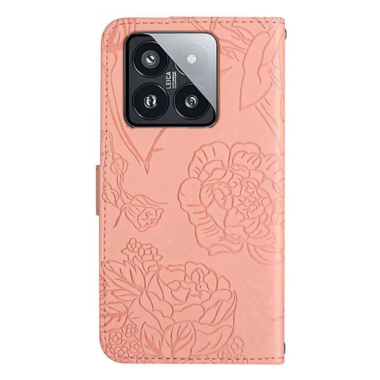 HT03 For Xiaomi 14 Case Imprinted Flower Leather Wallet Cover with Hand Strap