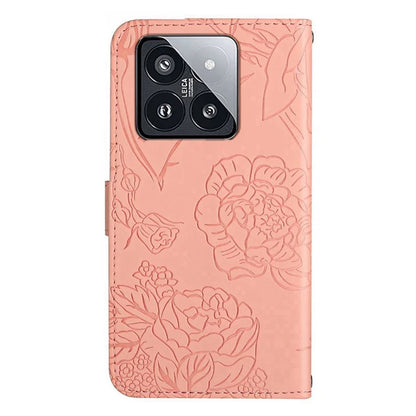 HT03 For Xiaomi 14 Case Imprinted Flower Leather Wallet Cover with Hand Strap