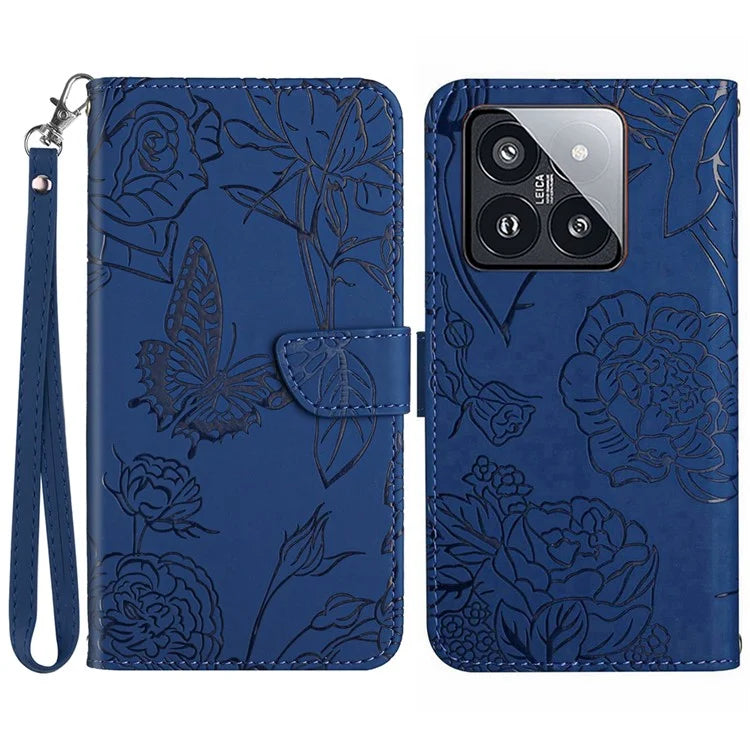 HT03 For Xiaomi 14 Case Imprinted Flower Leather Wallet Cover with Hand Strap