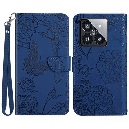 HT03 For Xiaomi 14 Case Imprinted Flower Leather Wallet Cover with Hand Strap