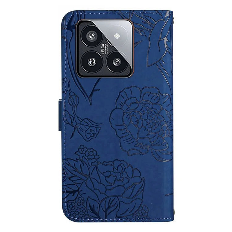 HT03 For Xiaomi 14 Case Imprinted Flower Leather Wallet Cover with Hand Strap