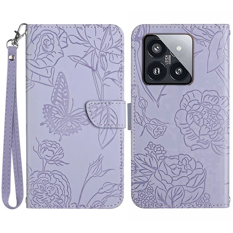 HT03 For Xiaomi 14 Case Imprinted Flower Leather Wallet Cover with Hand Strap